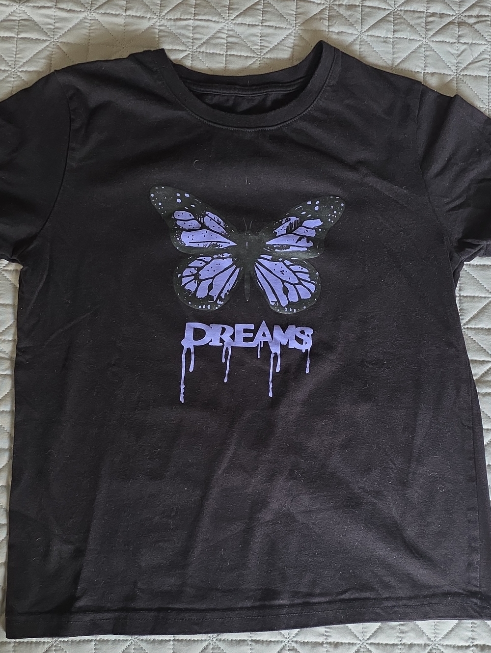 SHEIN Black Short Sleeve Tee with Purple Butterfly DREAMS Graphic